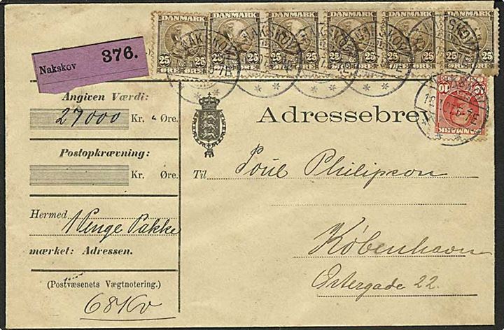 25 øre Chr. IX (6) og 10 øre Fr. VIII på 160 øre frankeret adressebrev for værdipakke fra Nakskov d. 18.4.1907 til København. 1 mærke yderligt placeret.