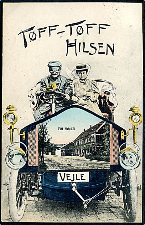 Vejle, “Tøff-Tøff Hilsen” med automobil og prospekt fra Greisdalen. A. Vincent u/no. Kvalitet 8