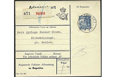 40 øre Karavel single på adressekort for pakke fra Vanløse d. 28.12.1942 til Kirkehelsinge pr. Gørlev.
