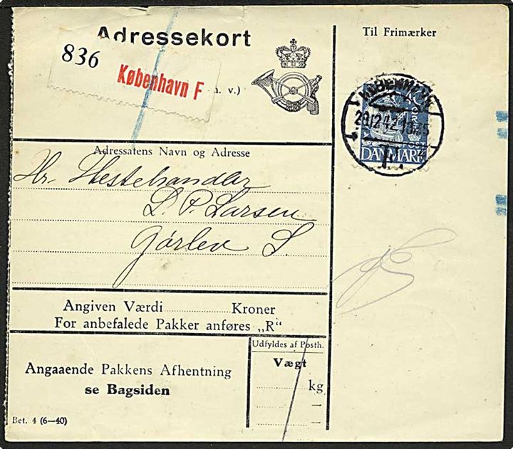 40 øre Karavel single på adressekort for pakke fra København F. d. 28.12.1942 til Gørlev.