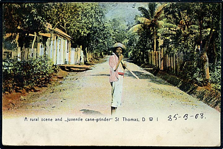 D.V.I., St. Thomas, a rural scene and “Juvenile cane-grinder”. Lightbourn no. 32. Kvalitet 8