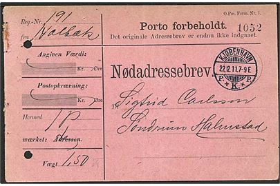 Nødadressekort formular (O.Pm.Form 1) for pakke fra Holbæk stemplet Kjøbenhavn d. 22.12.1911 via Malmö til Halmstad, Sverige. To arkivhuller. Usædvanlig med nødadressekort til udlandet.