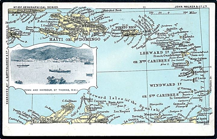 D.V.I., landkort med prospekt af St. Thomas havn og skibe. J. Bartholomew & Co. no. 852. Kvalitet 8