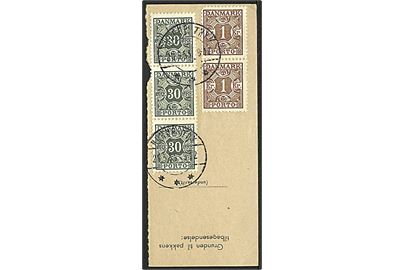 30 øre (3) og 1 kr. (2) Portomærke på talon fra returpakke stemplet Hurup Thy d. 20.5.1955.
