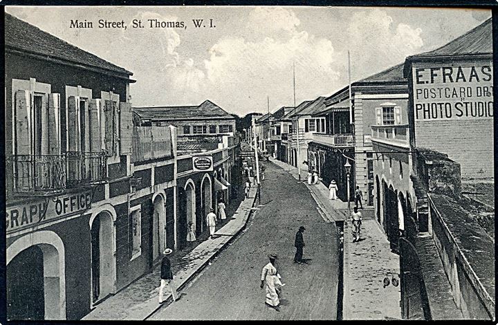 D.V.I., St. Thomas, Main Street med reklame for E. Fraas Postcards. E. Fraas no. 11. Kvalitet 9