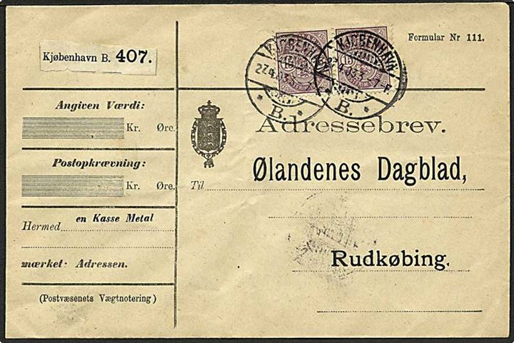 15 øre Våben i parstykke på adressebrev for pakke fra Kjøbenhavn B. d. 27.4.1903 til Rudkøbing.