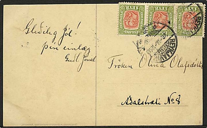 1 eyr To Konger i 3-stribe på lokalt brevkort stemplet Reykjavik d. 24.12.1908. Frimærker yderligt placeret.