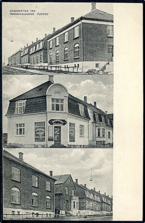 Odense, Nørrevoldgade, gadepartier med bl.a. Tolderlundsvejens Kolonialhandel. H. Schmidt u/no. Kvalitet 9