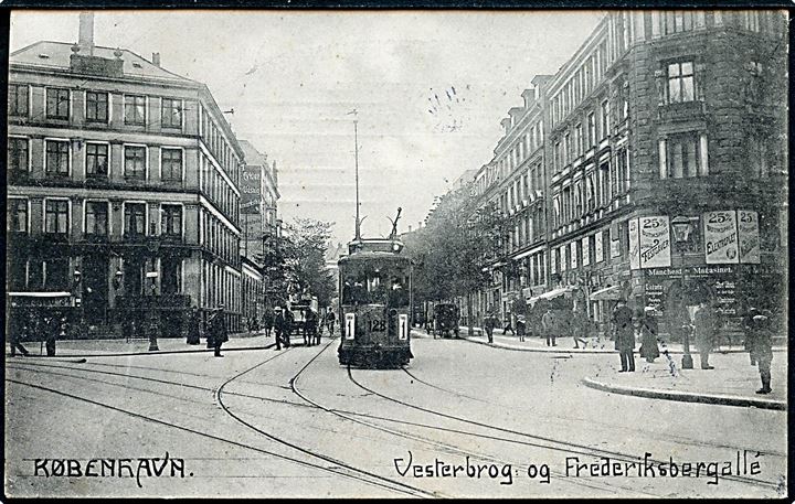 Købh., Vesterbrogade og Frederiksberg Allé med sporvogn linie 1 no. 128. Dansk Industri no. 40. Kvalitet 8