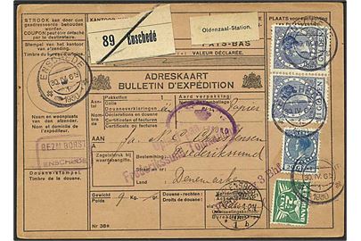 2½ c. Due, 20 c. og 1 g. (par) Wilhelmina på international adressekort for pakke fra Enschedé d. 30.4.1930 til Frederikssund, Danmark.