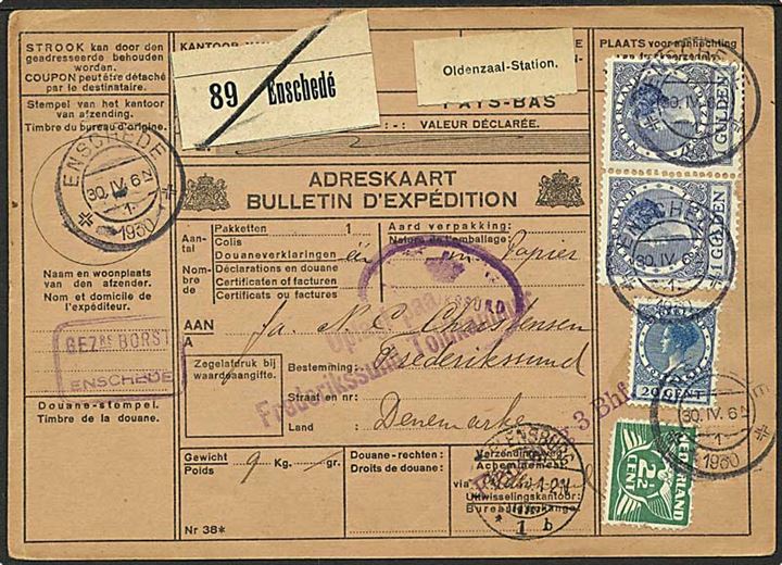 2½ c. Due, 20 c. og 1 g. (par) Wilhelmina på international adressekort for pakke fra Enschedé d. 30.4.1930 til Frederikssund, Danmark.