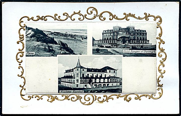 Fanø, kortbrev med strandparti med Hotel Kongen af Danmark og Missions-Kursted, samt lomme med prospekter. J. N. Hansen u/no. Kvalitet 8