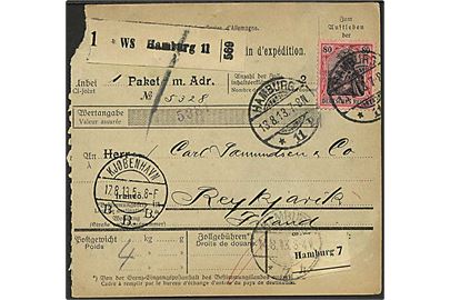 80 pfg. Germania single på internationalt adressekort for pakke fra Hamburg d. 13.8.1913 via København til Reykjavik, Island. Ank.stemplet Reykjavik d. 26.8.1913.