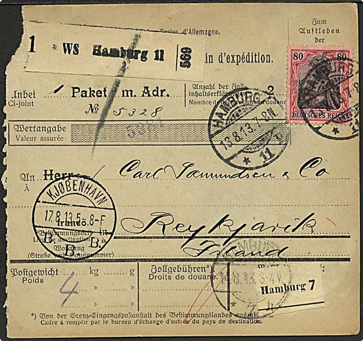 80 pfg. Germania single på internationalt adressekort for pakke fra Hamburg d. 13.8.1913 via København til Reykjavik, Island. Ank.stemplet Reykjavik d. 26.8.1913.