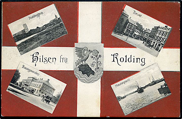 Kolding, “Dannebroghilsen” med bl.a. Banegaarden, Torvet og Koldinghus. Stenders no. 8147. Kvalitet 8