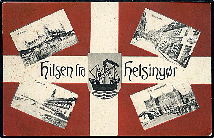Helsingør, “Dannebrogshilsen” med Jernbanestationen, Stjernegade, Kronborg og Marienlyst. Stenders no. 13792. Kvalitet 7