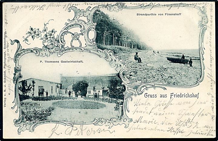 Friedrichshof, “Gruss aus” med strandparti fra Fynshav og P. Thomsens Gæstgiveri. N. J. Schmidt u/no. Kvalitet 8