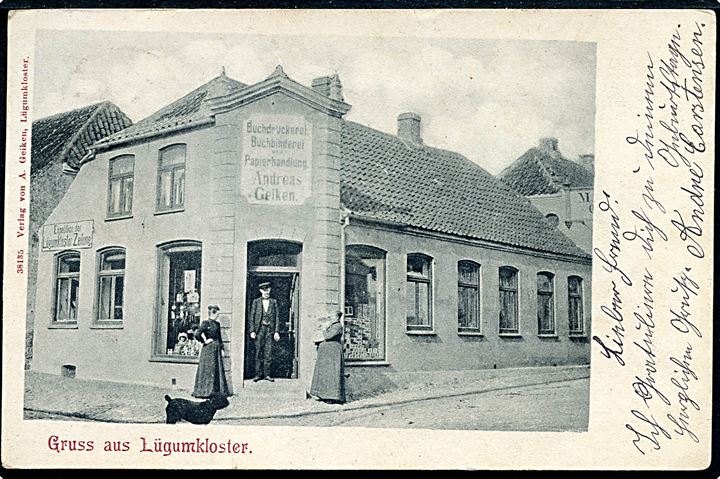 Løgumkloster, Andreas Geiken trykkeri og papirhandel, samt Løgumkloster avis. A. Geiken no. 38185. Kvalitet 7