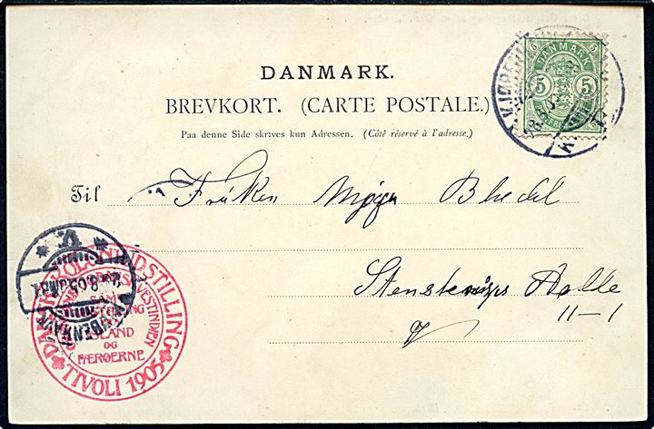 F. Henriksen. Kirkegang paa en Højtidsdag. Stemplet: Dansk Koloniudstilling * Tivoli 1905 *. Kvalitet 8
