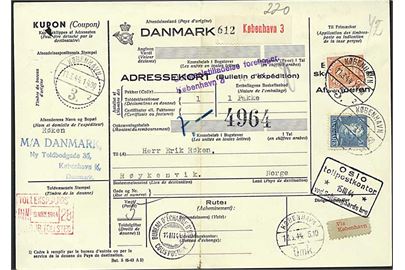 40 øre og 2 kr. Chr. X på internationalt adressekort for pakke fra København d. 11.3.1944 til Røykenvik, Norge.