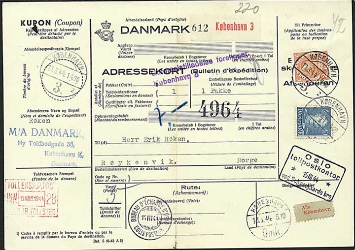 40 øre og 2 kr. Chr. X på internationalt adressekort for pakke fra København d. 11.3.1944 til Røykenvik, Norge.