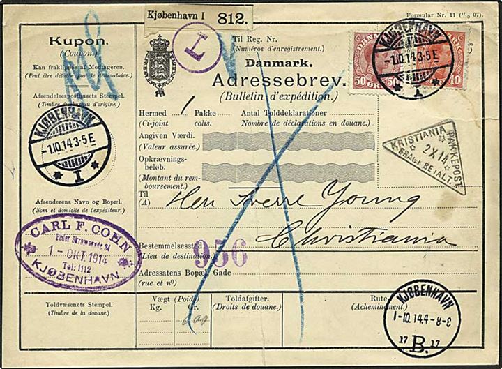 10 øre og 50 øre Chr. X på 60 øre frankeret internationalt adressekort for pakke fra Kjøbenhavn d. 1.10.1914 til Kristiania, Norge.