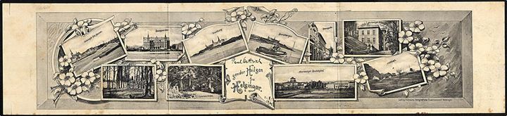 Helsingør, “Hilsen fra”, 3-fløjet kort med prospekter. L. Hansen u/no. Sendt som tryksag 1900 til Tyskland. Kvalitet 7