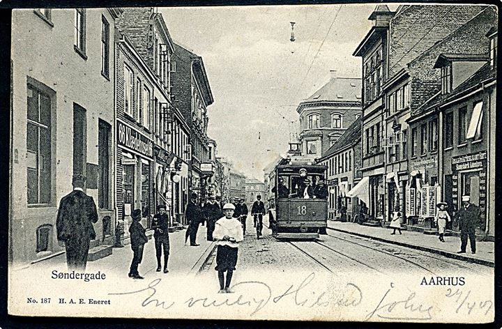 Aarhus, Søndergade med sporvogn no. 18. H.A.E. no. 187. Kvalitet 7