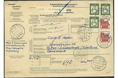 6,40 mk. blandingsfrankeret internationalt adressekort for pakke fra Kelkheim d. 3.12.1966 til Fakse Ladeplads, Danmark.