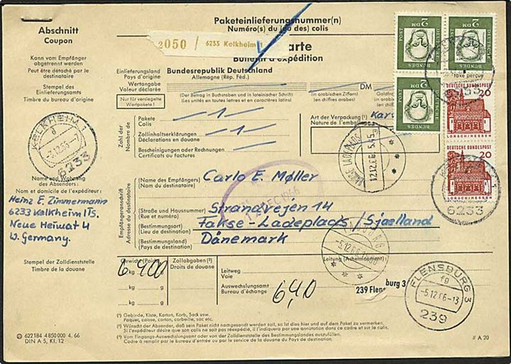 6,40 mk. blandingsfrankeret internationalt adressekort for pakke fra Kelkheim d. 3.12.1966 til Fakse Ladeplads, Danmark.