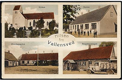 Vallensved, “Hilsen fra” med kirke, skole, præstegaard og brugsforening. H. Schmidt u/no. Kvalitet 7