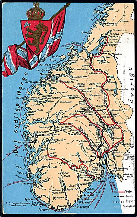 Landkort. Det sydlige Norge med veje, jernbaner og dampskibsruter. E. A. Schjørn u/no. Kvalitet 7