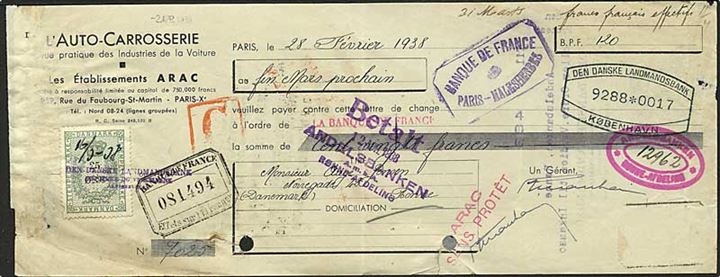 Fransk regning med 25 øre stempelmærke med perfin L.B. stemplet Landmandsbanken d. 16.3.1938 til Rønne. Fransk mærke mangler.