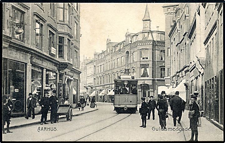 Aarhus, Guldsmedgade med sporvogn no. 14. Stenders no. 5631. Kvalitet 9