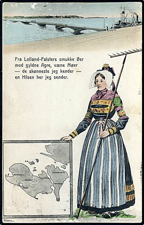 Lolland-Falster, landkort og kvinde i egnsdragt. Tegnet af Fritz Kraul. Stenders no. 24864. Kvalitet 7