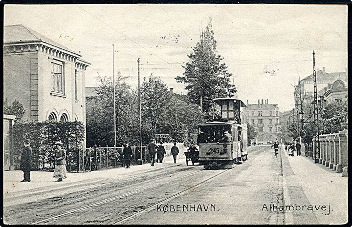 Købh., Alhambravej med sporvogn no. 245. Stenders no. 10813. Kvalitet 8
