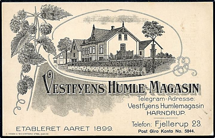 Harndrup, Vestfyens Humle-Magasin. Hagen & Sievertsen u/no. Reklamekort uden adr.linier. Kvalitet 8