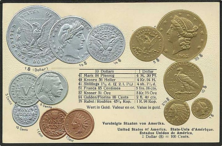Prægekort med mønter fra USA. M. Heimbrecht u/no.