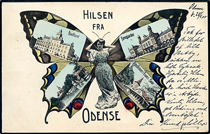 Odense, “Hilsen fra”, sommerfuglepige med prospekter. Stenders no. 2729. Kvalitet 8