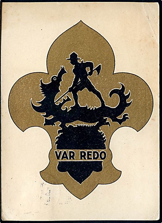 “Var Redo”. Svensk spejder postkort. Hugo Brusewitz u/no. Anvendt fra Malmö 1928. Hj. knæk. Kvalitet 6