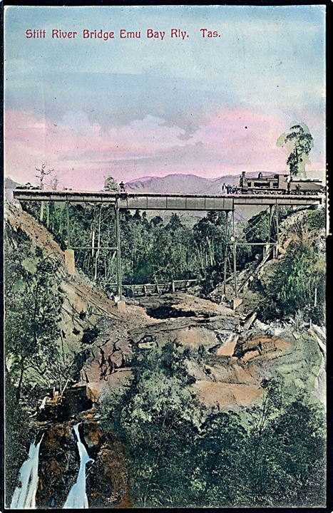 Australien, Tasmanien, Stitt River Bridge, Emu Bay Railway med damptog. Spurling & Son.  Kvalitet 9