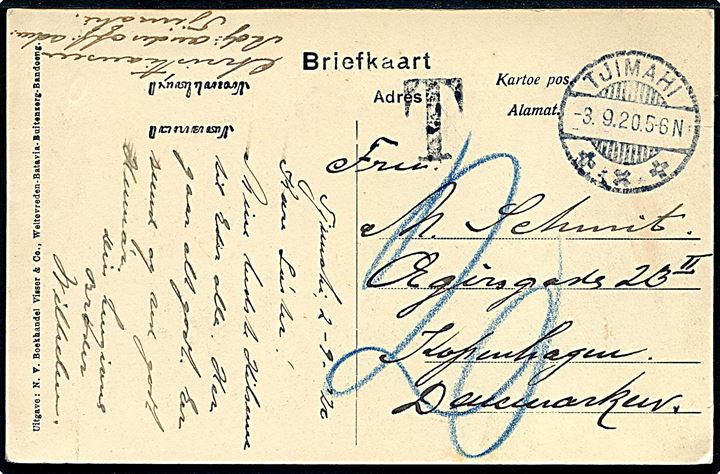 Hollandsk Ostindien, Bandoeng jernbanestation. Sendt ufrankeret til Danmark 1920. Portostempel. Kvalitet 7