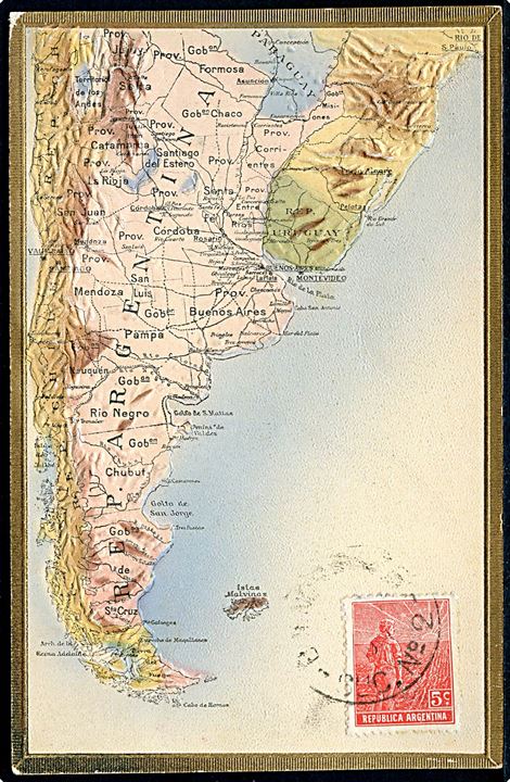 Argentina, landkort over det sydlige Sydamerika med Falklands øerne. Reliefkort u/no. Kvalitet 7