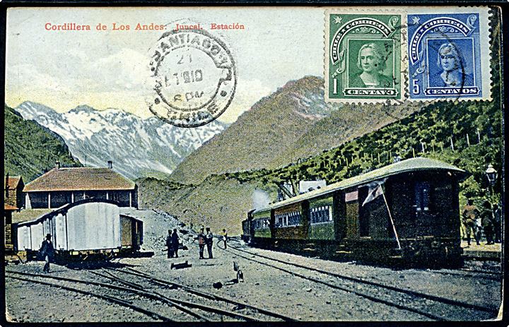 Chile, Cordillera de Los Andes. Jernbanestation og damptog. C. Kirsinger & Cia no. 217240. Kvalitet 7