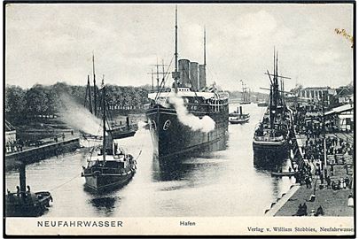 Tyskland, Neufahrwasser. Havneparti med stort dampskib. W. Stobbies u/no. Kvalitet 7
