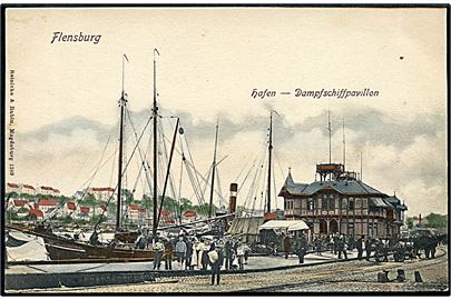Tyskland, Flensburg, Dampfschiffpavillon og sejlskib. Reinicke & Rubin no. 1389. Kvalitet 7