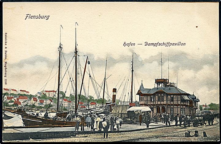Tyskland, Flensburg, Dampfschiffpavillon og sejlskib. Reinicke & Rubin no. 1389. Kvalitet 7