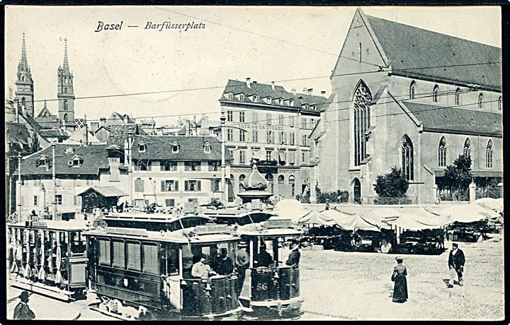 Schweiz, Basel, Barfüsserplatz med sporvogne. No. 2998. Kvalitet 8