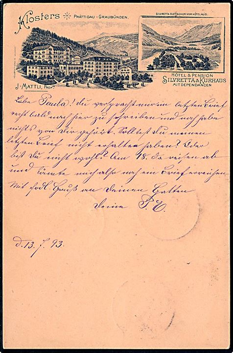 Schweiz, Kloster, Silvretta & Kurhaus. Müller u/no. Anvendt 1893. Kvalitet 8