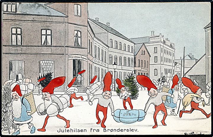 Brønderslev, “Nisser i Gadebilledet”. Tegnet af Carl Røgind. P. Christensen no. 12129. Kvalitet 8